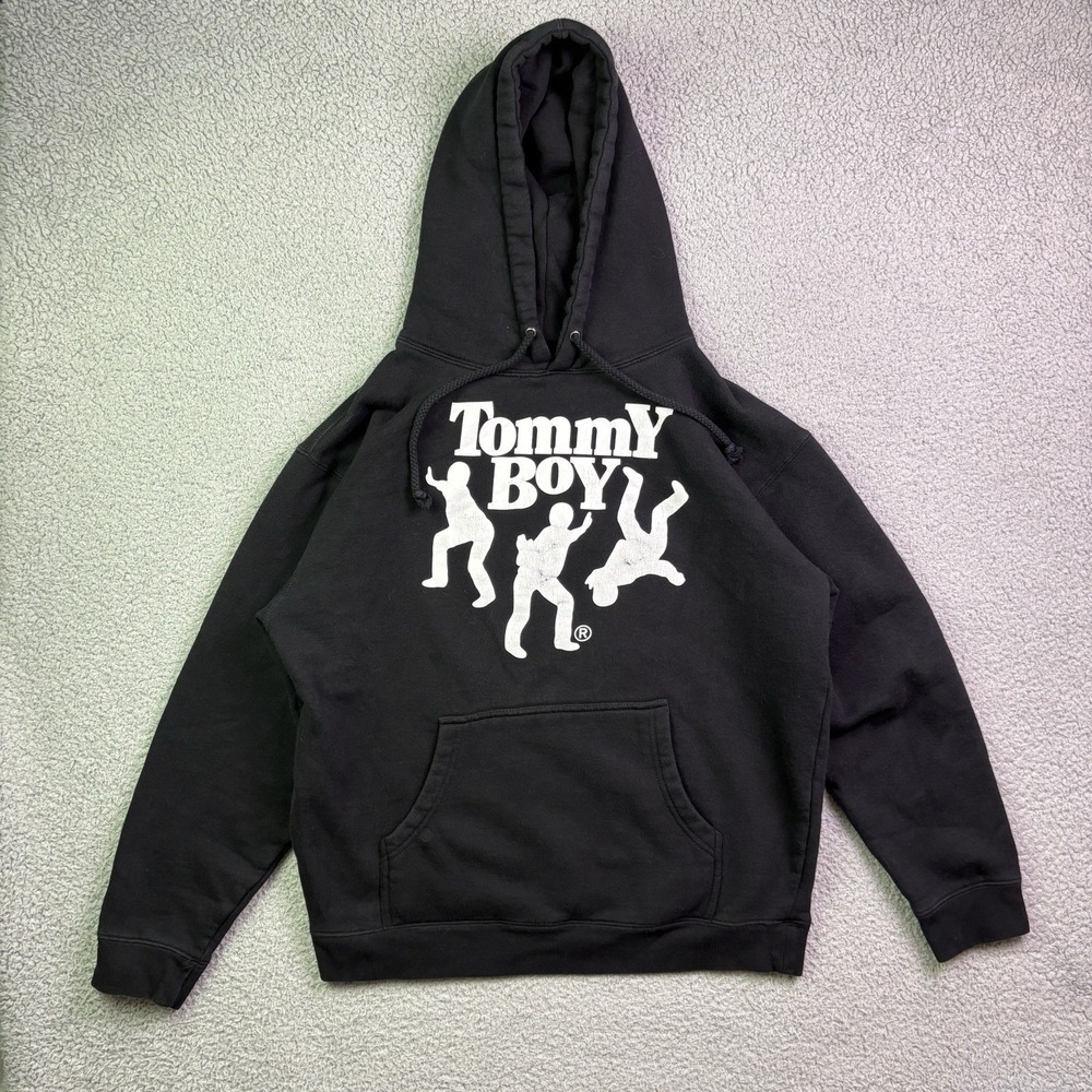 VTG Tommy Boy Records Hoodie Mens Medium Black Graphic Pullover Sweatshirt Y2K
